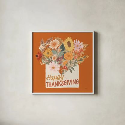 Autumn Meadow IV Happy Thanksgiving by Laura Marshall. Shown in a crisp white glass frame for a clean and minimalist style. Available as an archival giclee rolled canvas, fine art paper, or poster print. SKU 100247a.