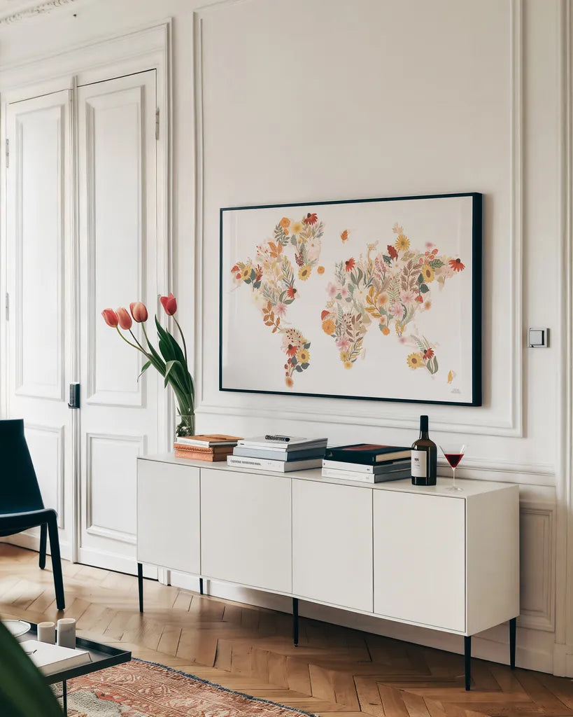 Autumn Meadow World by Laura Marshall. shown as a framed stretched canvas in a living room above a console. Available as a archival giclee rolled canvas, fine art paper, or poster print. SKU 83484i.