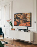 Autumn Reflections by Laura Marshall. shown as a framed stretched canvas in a living room above a console. Available as a archival giclee rolled canvas, fine art paper, or poster print. SKU 68101i.