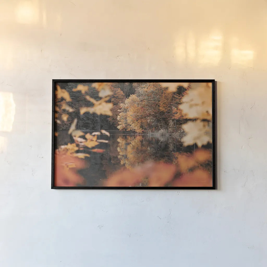 Autumn Reflections by Laura Marshall. shown as a paper print in a black flame. Available as a archival giclee rolled canvas, fine art paper, or poster print. SKU 68101i.