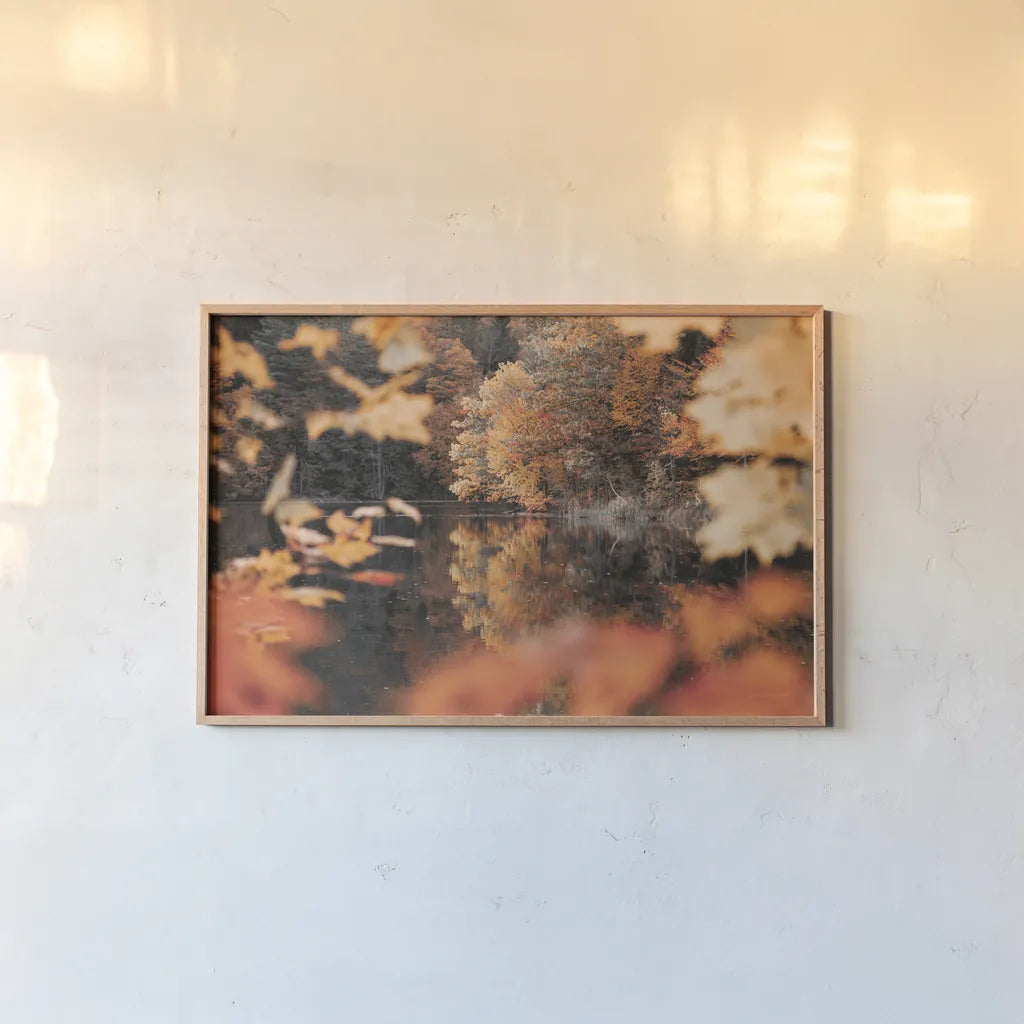 Autumn Reflections by Laura Marshall. shown as a paper print in a natural frame. Available as a archival giclee rolled canvas, fine art paper, or poster print. SKU 68101i.