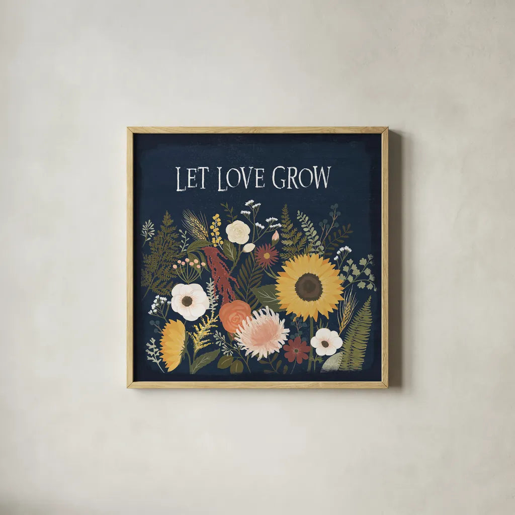 Autumn Romance I by Laura Marshall. Shown in a natural wood glass frame for a timeless modern aesthetic. Available as an archival giclee rolled canvas, fine art paper, or poster print. SKU 38456a.