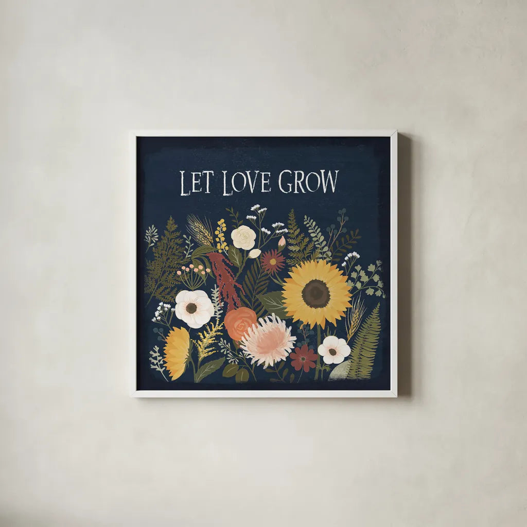 Autumn Romance I by Laura Marshall. Shown in a crisp white glass frame for a clean and minimalist style. Available as an archival giclee rolled canvas, fine art paper, or poster print. SKU 38456a.