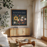 Autumn Romance II by Laura Marshall. Shown in a natural wood frame in a cozy modern living room. Available as an archival giclee rolled canvas, fine art paper, or poster print. SKU 38457a.