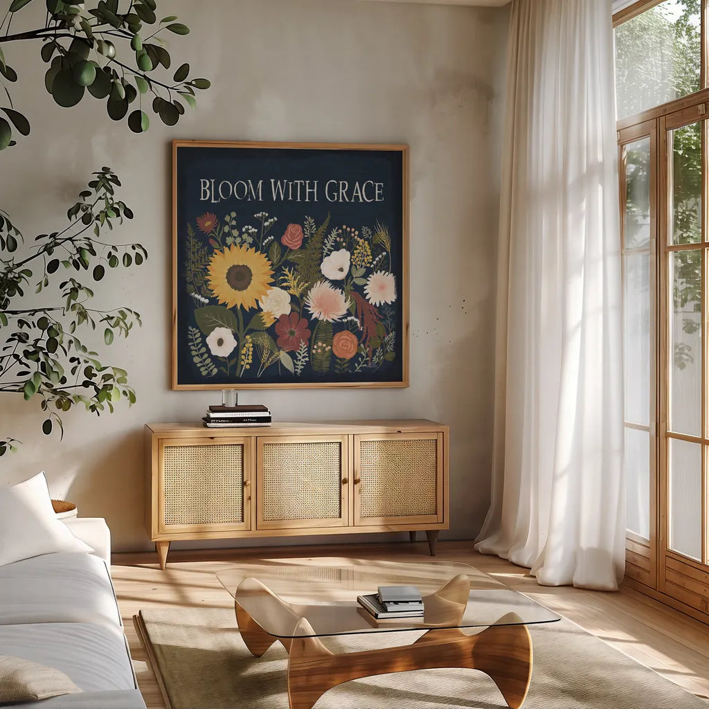 Autumn Romance II by Laura Marshall. Shown in a natural wood frame in a cozy modern living room. Available as an archival giclee rolled canvas, fine art paper, or poster print. SKU 38457a.