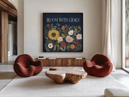 Autumn Romance II by Laura Marshall. Shown as extra-large giant wall art in a modern living room. Available as an archival giclee rolled canvas, fine art paper, or poster print. SKU 38457a.
