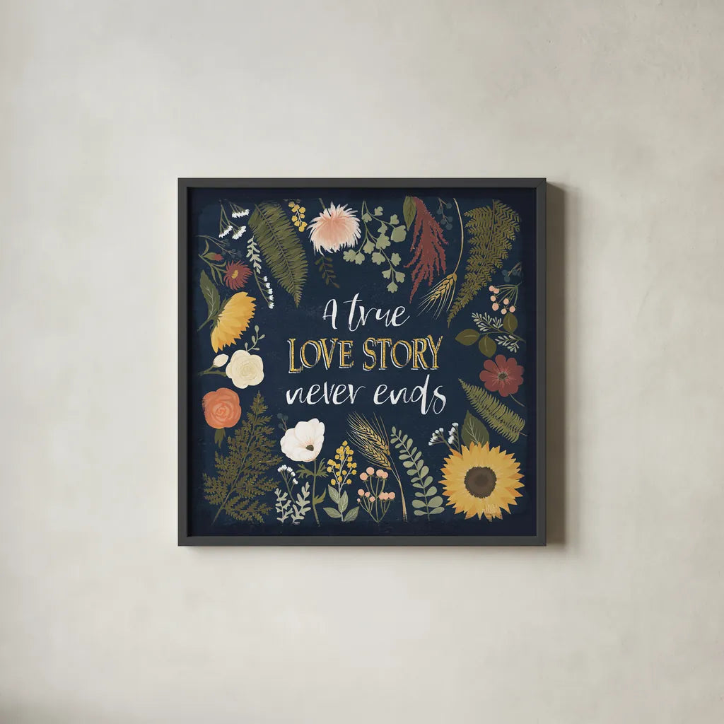 Autumn Romance V by Laura Marshall. Shown in a sleek black glass frame for a contemporary gallery look. Available as an archival giclee rolled canvas, fine art paper, or poster print. SKU 38460a.