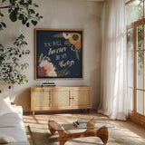 Autumn Romance VII by Laura Marshall. Shown in a natural wood frame in a cozy modern living room. Available as an archival giclee rolled canvas, fine art paper, or poster print. SKU 38462a.