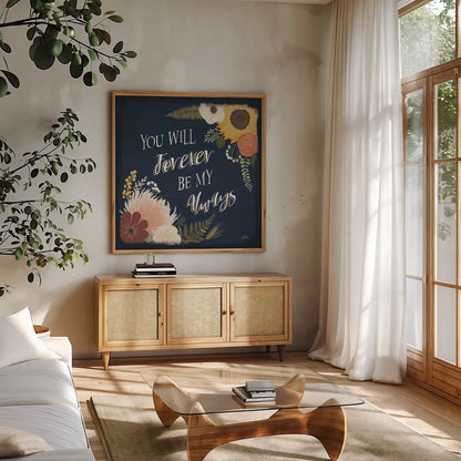 Autumn Romance VII by Laura Marshall. Shown in a natural wood frame in a cozy modern living room. Available as an archival giclee rolled canvas, fine art paper, or poster print. SKU 38462a.