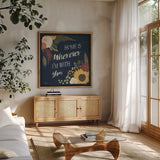 Autumn Romance VIII by Laura Marshall. Shown in a natural wood frame in a cozy modern living room. Available as an archival giclee rolled canvas, fine art paper, or poster print. SKU 38463a.