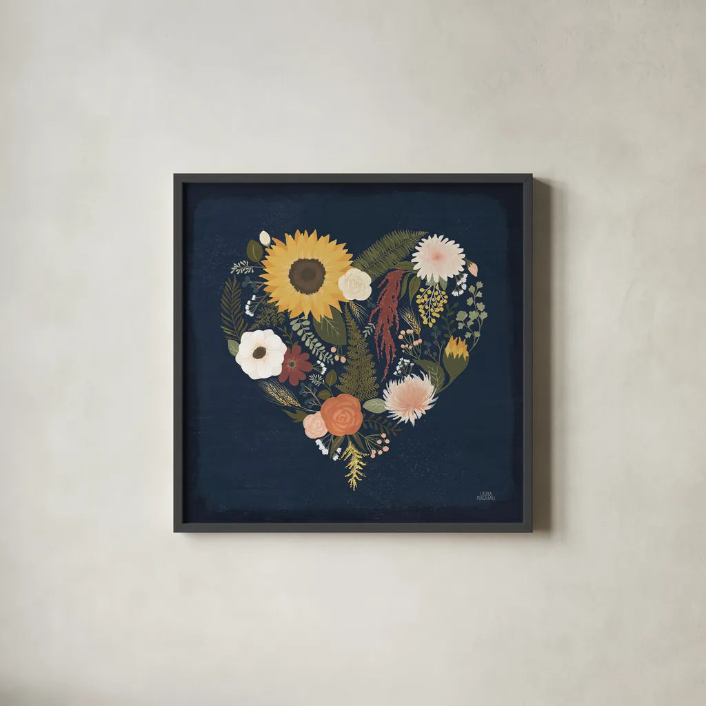 Autumn Romance X by Laura Marshall. Shown in a sleek black glass frame for a contemporary gallery look. Available as an archival giclee rolled canvas, fine art paper, or poster print. SKU 38465a.