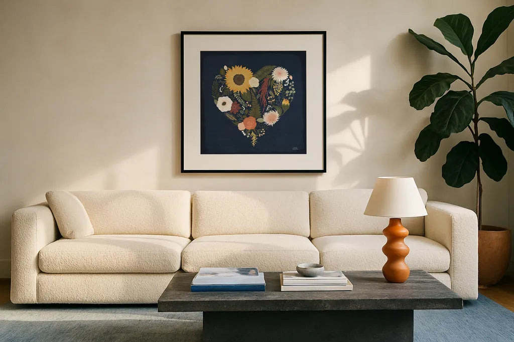 Autumn Romance X by Laura Marshall. Displayed in a glass frame with matte in a clean modern living room. Available as an archival giclee rolled canvas, fine art paper, or poster print. SKU 38465a.