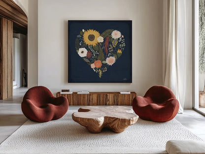 Autumn Romance X by Laura Marshall. Shown as extra-large giant wall art in a modern living room. Available as an archival giclee rolled canvas, fine art paper, or poster print. SKU 38465a.