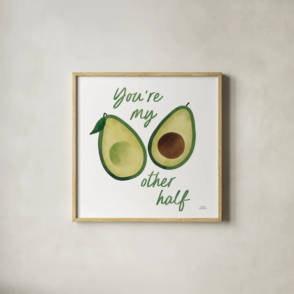 Avo Party I by Laura Marshall. Shown in a natural wood glass frame for a timeless modern aesthetic. Available as an archival giclee rolled canvas, fine art paper, or poster print. SKU 76848a.