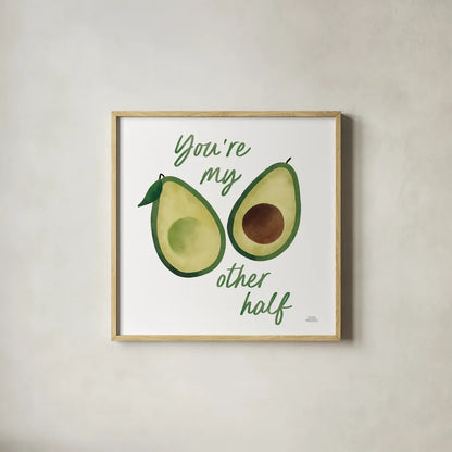 Avo Party I by Laura Marshall. Shown in a natural wood glass frame for a timeless modern aesthetic. Available as an archival giclee rolled canvas, fine art paper, or poster print. SKU 76848a.