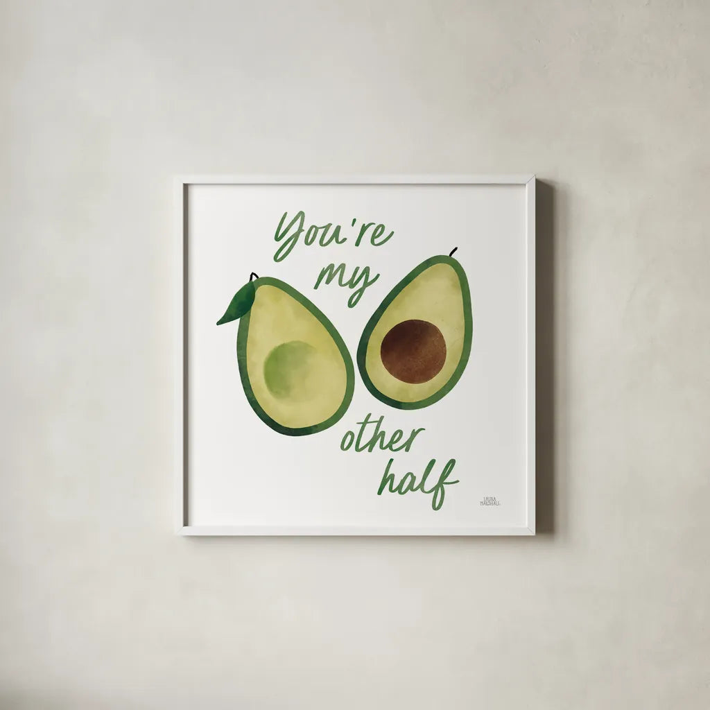 Avo Party I by Laura Marshall. Shown in a crisp white glass frame for a clean and minimalist style. Available as an archival giclee rolled canvas, fine art paper, or poster print. SKU 76848a.