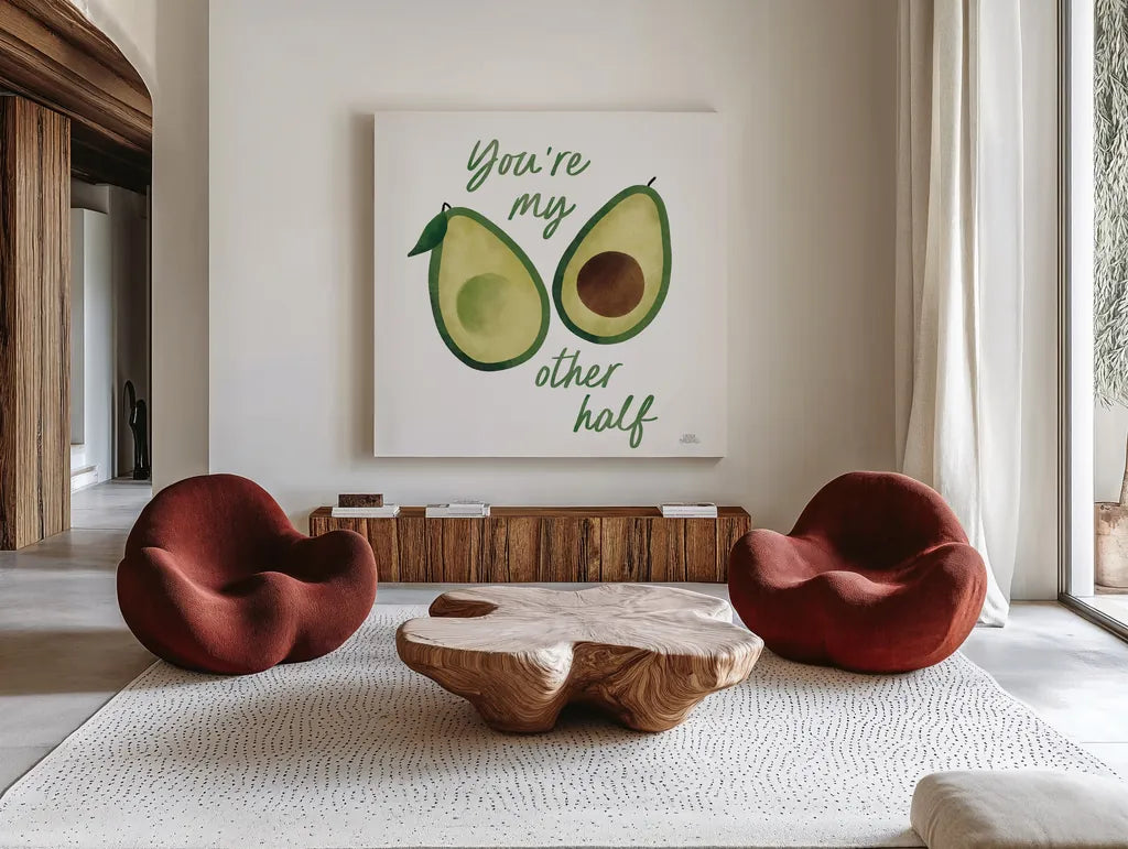 Avo Party I by Laura Marshall. Shown as extra-large giant wall art in a modern living room. Available as an archival giclee rolled canvas, fine art paper, or poster print. SKU 76848a.