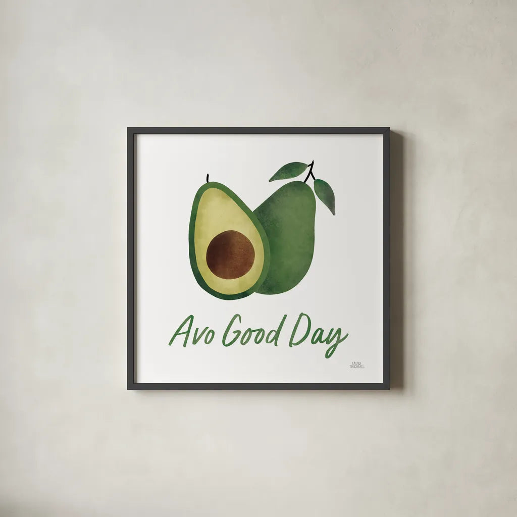 Avo Party II by Laura Marshall. Shown in a sleek black glass frame for a contemporary gallery look. Available as an archival giclee rolled canvas, fine art paper, or poster print. SKU 76849a.