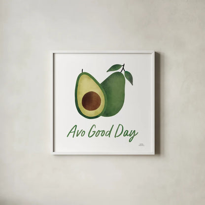 Avo Party II by Laura Marshall. Shown in a crisp white glass frame for a clean and minimalist style. Available as an archival giclee rolled canvas, fine art paper, or poster print. SKU 76849a.