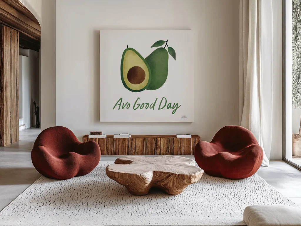 Avo Party II by Laura Marshall. Shown as extra-large giant wall art in a modern living room. Available as an archival giclee rolled canvas, fine art paper, or poster print. SKU 76849a.