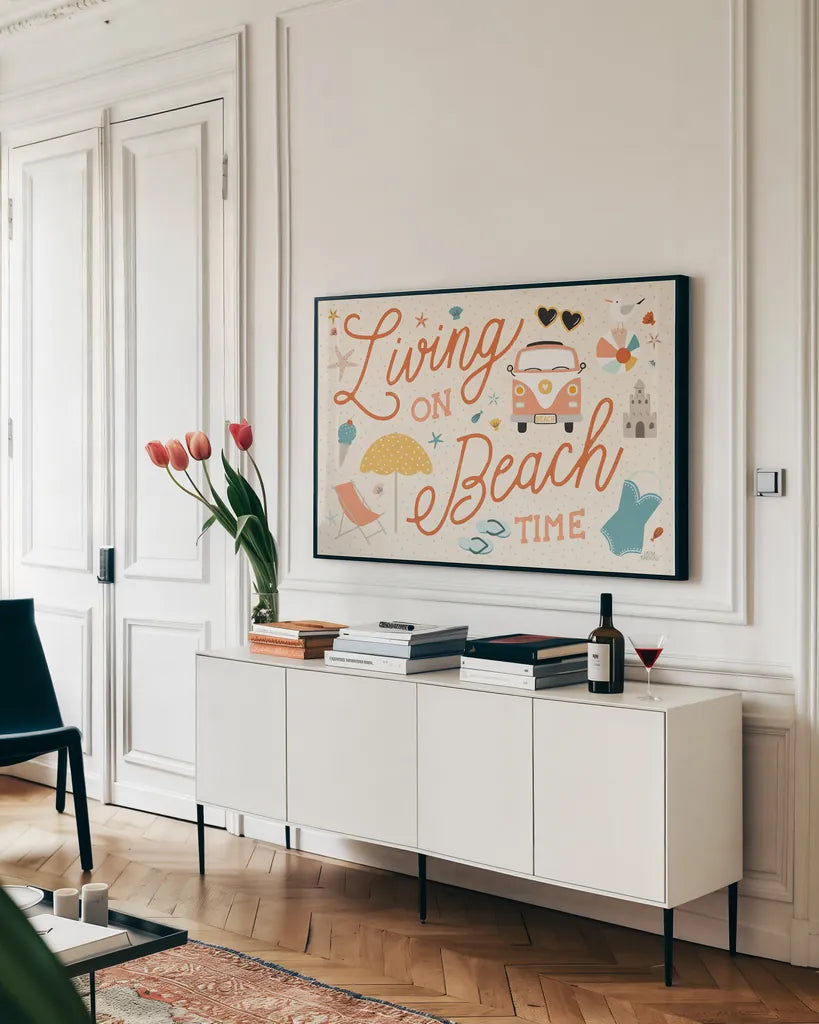 Beach Vibes I by Laura Marshall. shown as a framed stretched canvas in a living room above a console. Available as a archival giclee rolled canvas, fine art paper, or poster print. SKU 78823i.