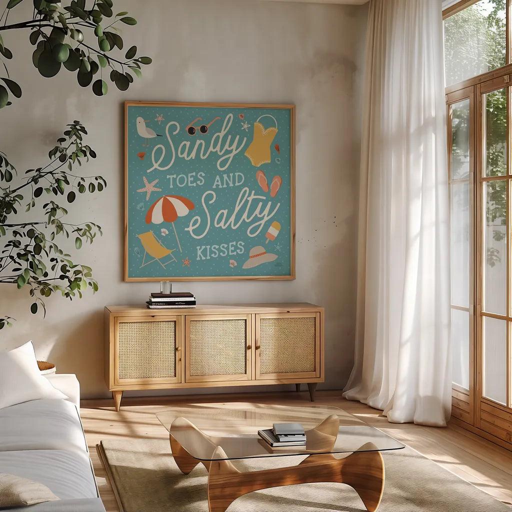 Beach Vibes II by Laura Marshall. Shown in a natural wood frame in a cozy modern living room. Available as an archival giclee rolled canvas, fine art paper, or poster print. SKU 78824a.