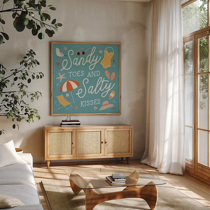 Beach Vibes II by Laura Marshall. Shown in a natural wood frame in a cozy modern living room. Available as an archival giclee rolled canvas, fine art paper, or poster print. SKU 78824a.
