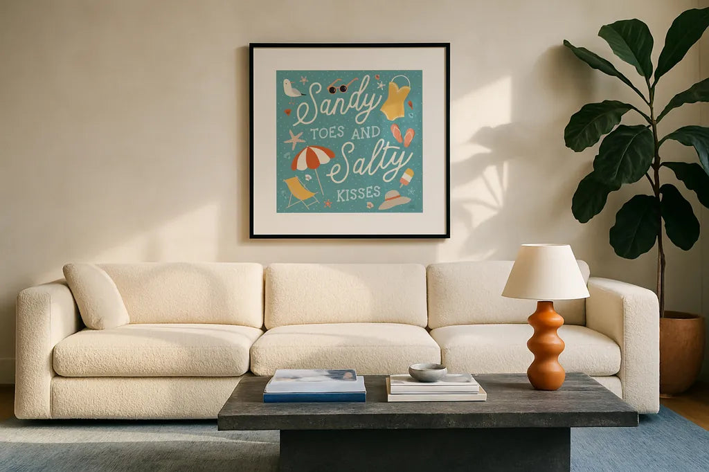Beach Vibes II by Laura Marshall. Displayed in a glass frame with matte in a clean modern living room. Available as an archival giclee rolled canvas, fine art paper, or poster print. SKU 78824a.