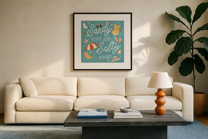 Beach Vibes II by Laura Marshall. Displayed in a glass frame with matte in a clean modern living room. Available as an archival giclee rolled canvas, fine art paper, or poster print. SKU 78824a.