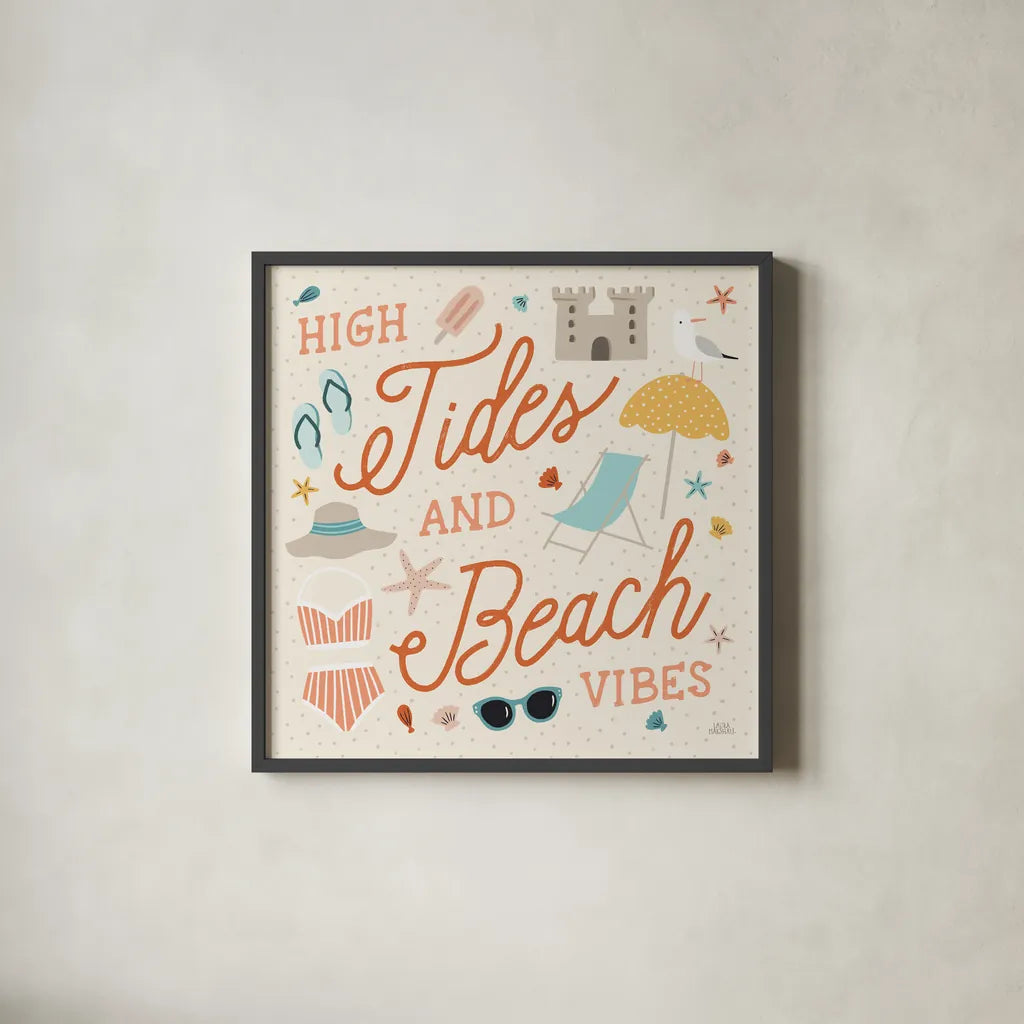 Beach Vibes III by Laura Marshall. Shown in a sleek black glass frame for a contemporary gallery look. Available as an archival giclee rolled canvas, fine art paper, or poster print. SKU 78825a.