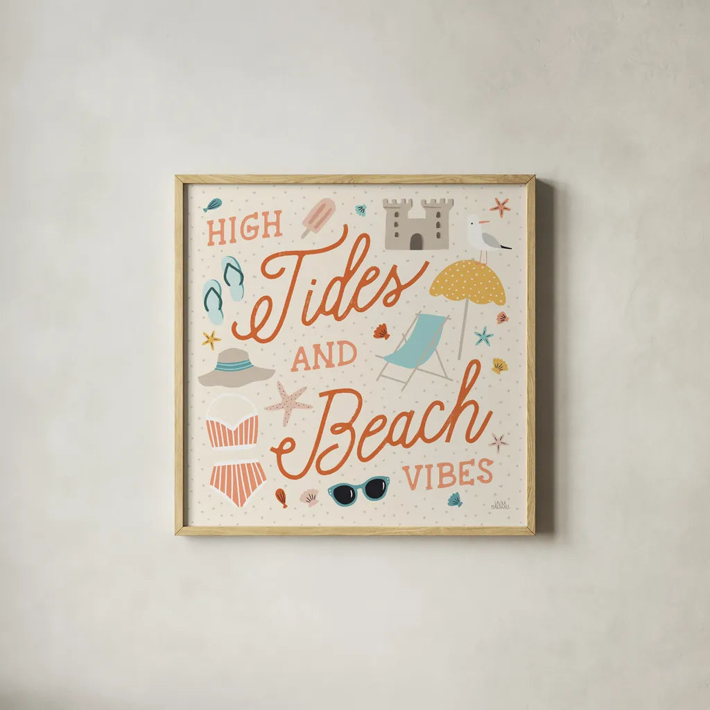 Beach Vibes III by Laura Marshall. Shown in a natural wood glass frame for a timeless modern aesthetic. Available as an archival giclee rolled canvas, fine art paper, or poster print. SKU 78825a.