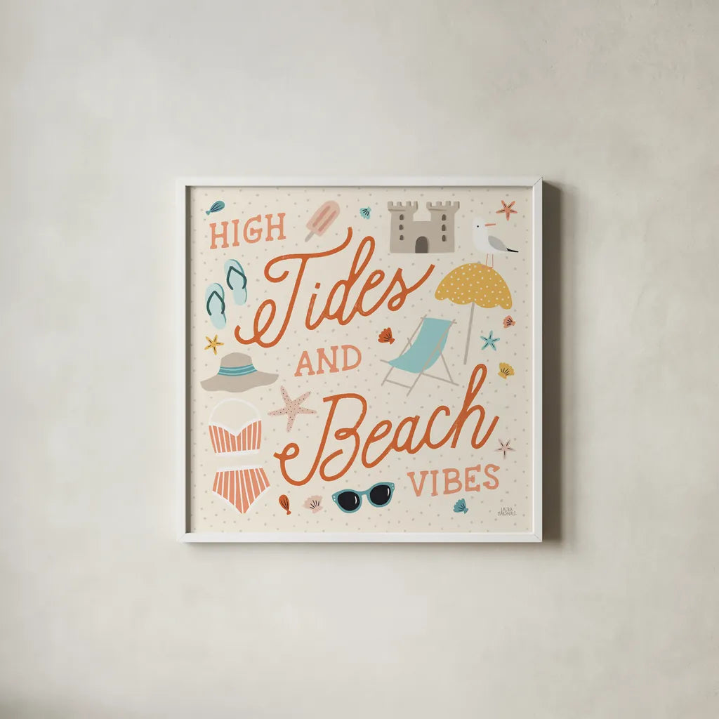 Beach Vibes III by Laura Marshall. Shown in a crisp white glass frame for a clean and minimalist style. Available as an archival giclee rolled canvas, fine art paper, or poster print. SKU 78825a.