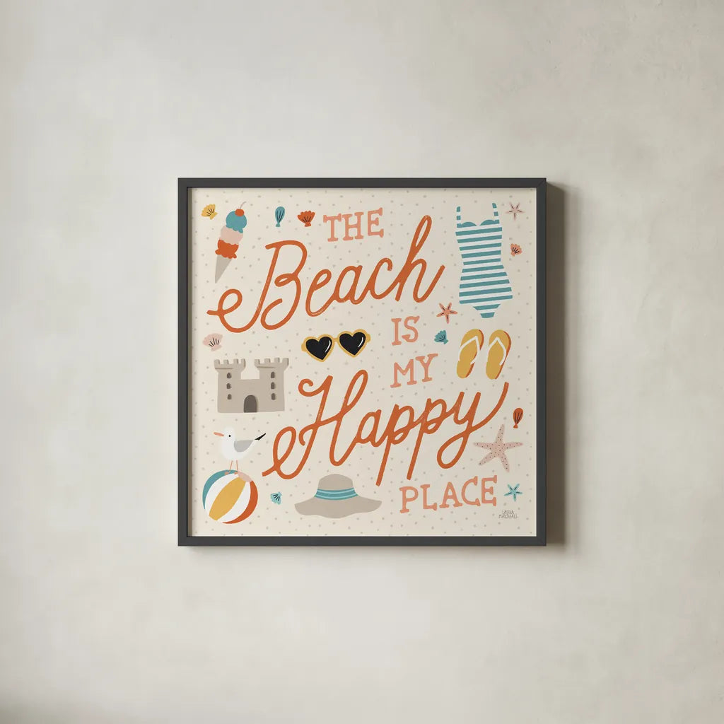Beach Vibes IV by Laura Marshall. Shown in a sleek black glass frame for a contemporary gallery look. Available as an archival giclee rolled canvas, fine art paper, or poster print. SKU 78826a.