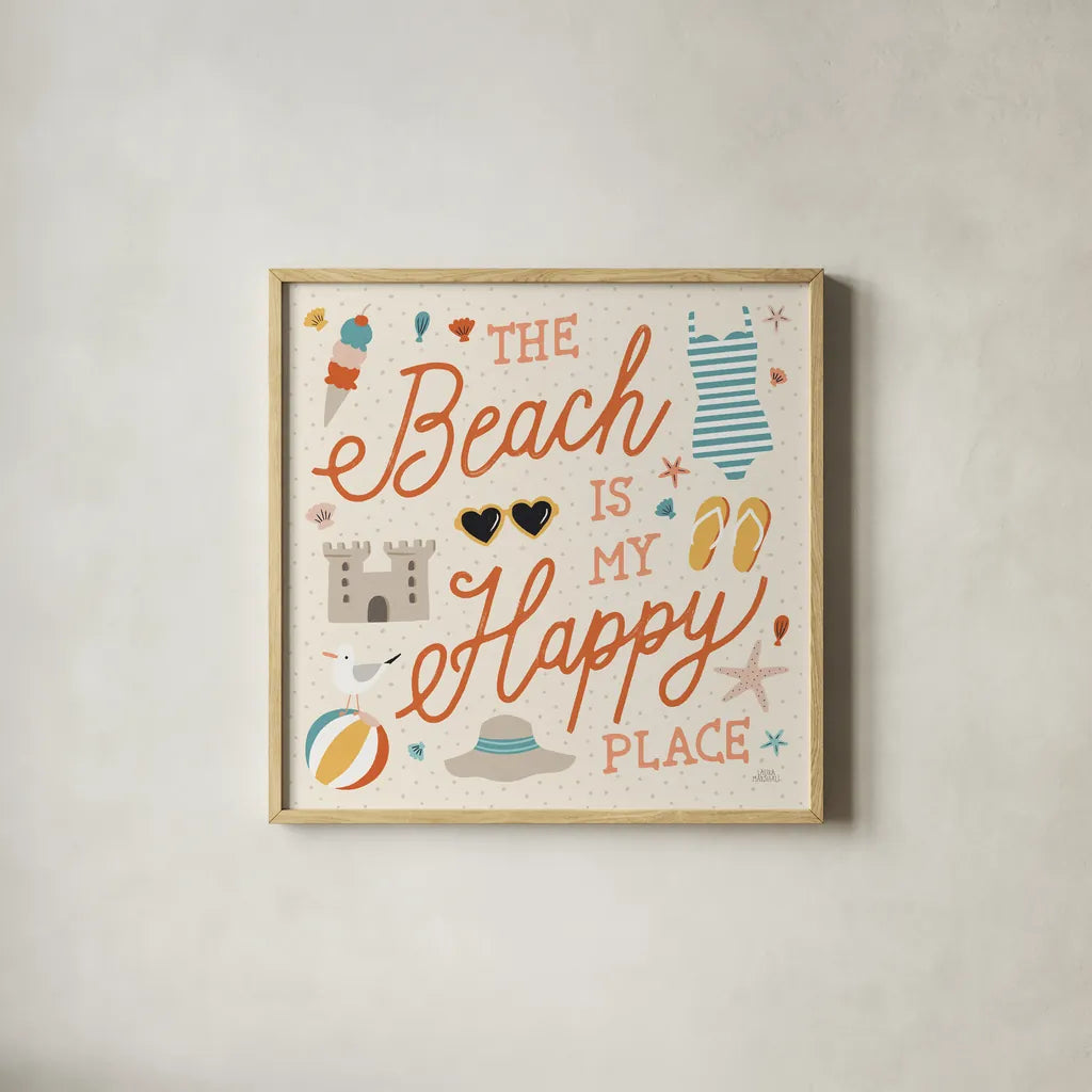 Beach Vibes IV by Laura Marshall. Shown in a natural wood glass frame for a timeless modern aesthetic. Available as an archival giclee rolled canvas, fine art paper, or poster print. SKU 78826a.