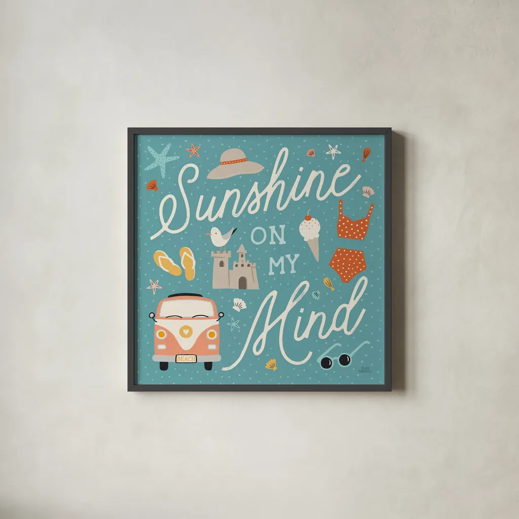 Beach Vibes V by Laura Marshall. Shown in a sleek black glass frame for a contemporary gallery look. Available as an archival giclee rolled canvas, fine art paper, or poster print. SKU 78827a.