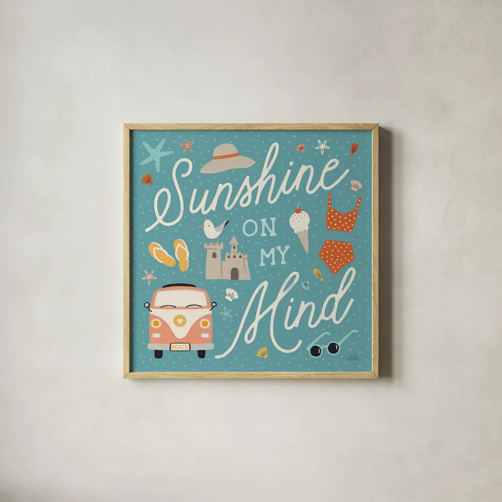 Beach Vibes V by Laura Marshall. Shown in a natural wood glass frame for a timeless modern aesthetic. Available as an archival giclee rolled canvas, fine art paper, or poster print. SKU 78827a.