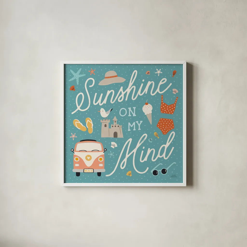 Beach Vibes V by Laura Marshall. Shown in a crisp white glass frame for a clean and minimalist style. Available as an archival giclee rolled canvas, fine art paper, or poster print. SKU 78827a.