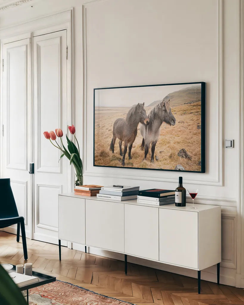 Bjarni and Imir I by Laura Marshall. shown as a framed stretched canvas in a living room above a console. Available as a archival giclee rolled canvas, fine art paper, or poster print. SKU 49806i.