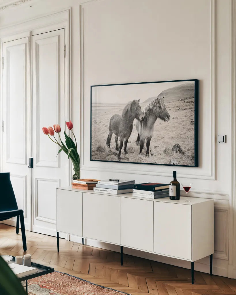 Bjarni and Imir I BW by Laura Marshall. shown as a framed stretched canvas in a living room above a console. Available as a archival giclee rolled canvas, fine art paper, or poster print. SKU 49807i.