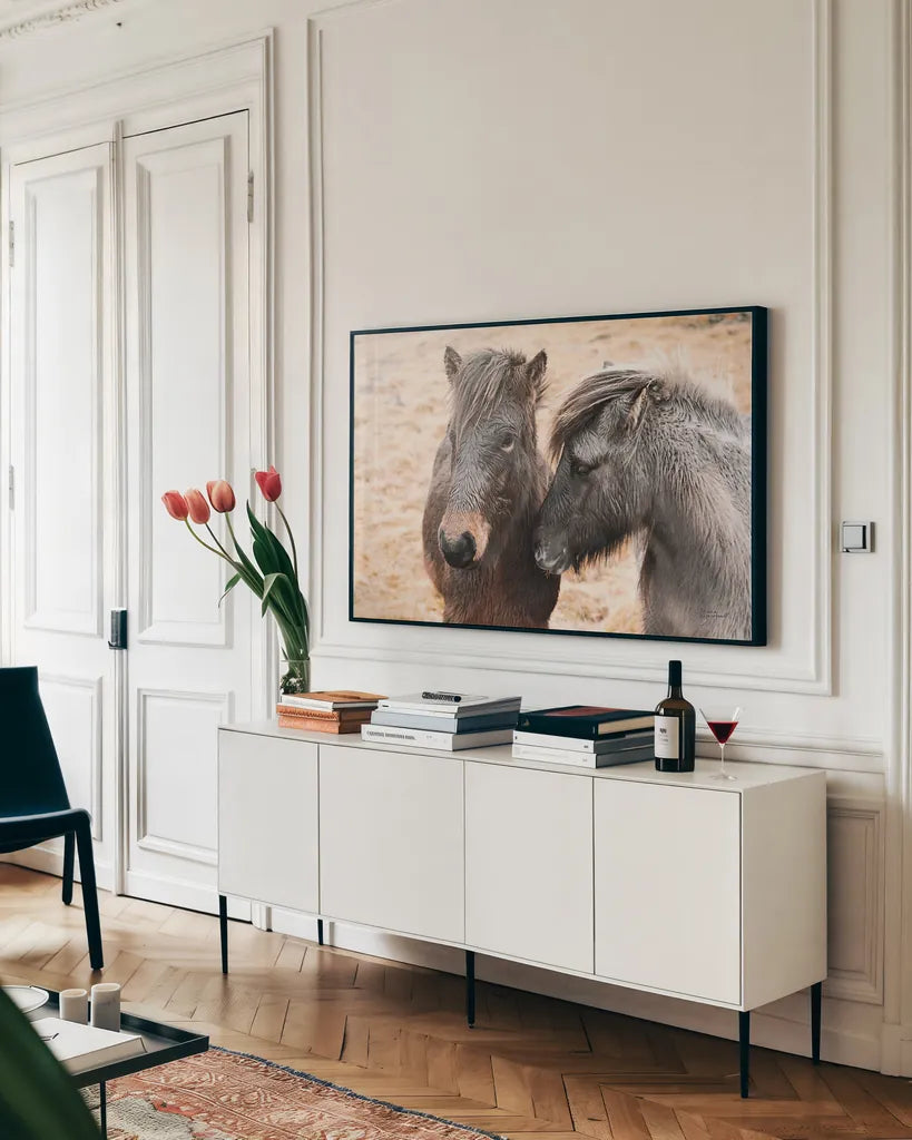 Bjarni and Imir II by Laura Marshall. shown as a framed stretched canvas in a living room above a console. Available as a archival giclee rolled canvas, fine art paper, or poster print. SKU 49808i.