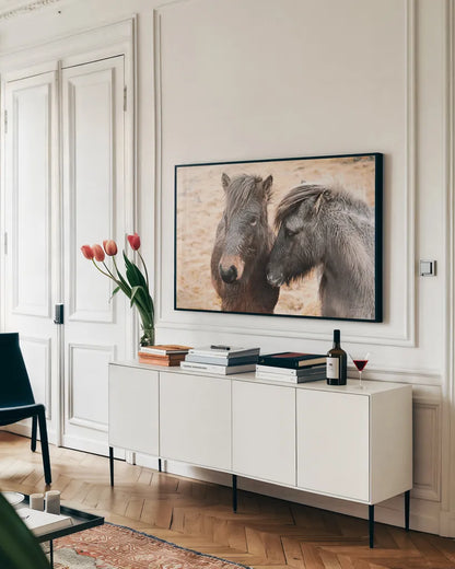Bjarni and Imir II by Laura Marshall. shown as a framed stretched canvas in a living room above a console. Available as a archival giclee rolled canvas, fine art paper, or poster print. SKU 49808i.