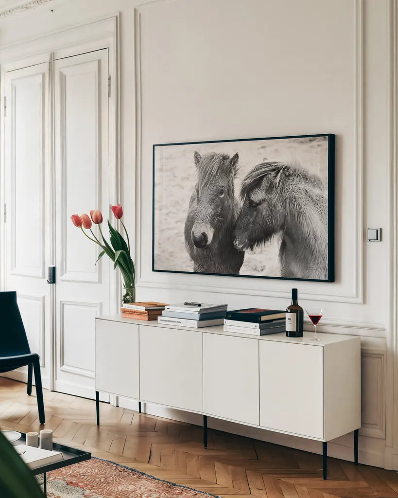 Bjarni and Imir II BW by Laura Marshall. shown as a framed stretched canvas in a living room above a console. Available as a archival giclee rolled canvas, fine art paper, or poster print. SKU 49809i.