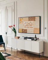 Blooming Autumn I by Laura Marshall. shown as a framed stretched canvas in a living room above a console. Available as a archival giclee rolled canvas, fine art paper, or poster print. SKU 93727i.