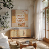 Blooming Autumn II by Laura Marshall. Shown in a natural wood frame in a cozy modern living room. Available as an archival giclee rolled canvas, fine art paper, or poster print. SKU 93728a.