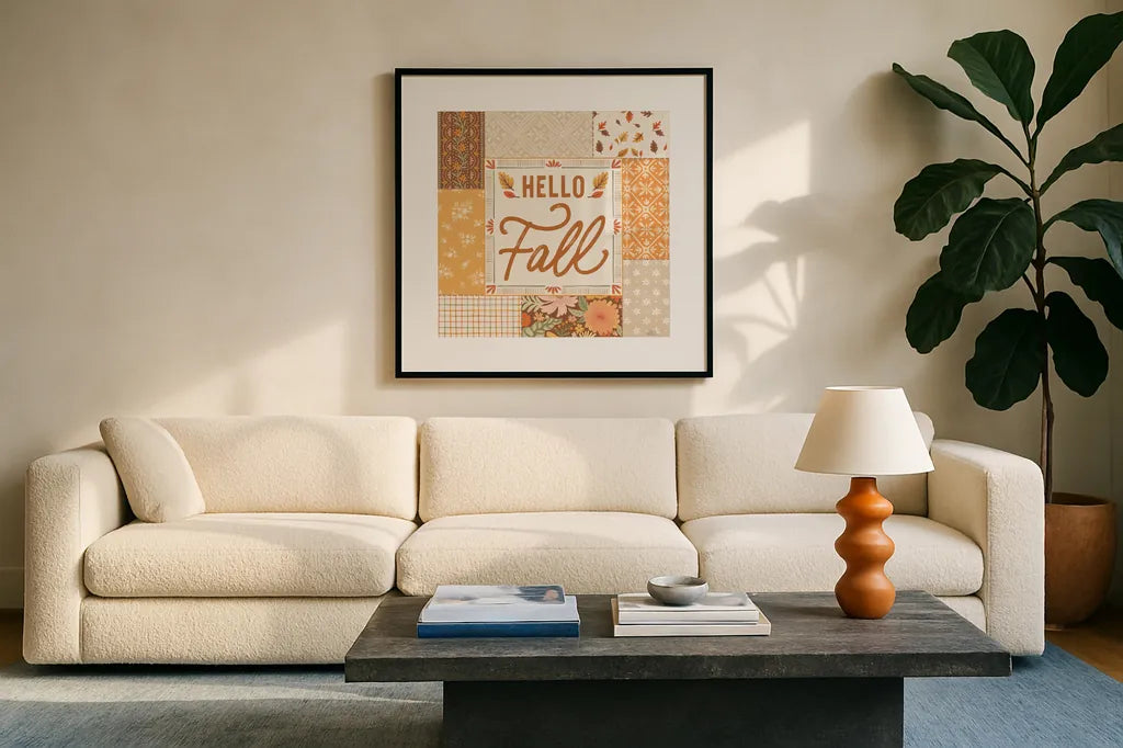 Blooming Autumn II by Laura Marshall. Displayed in a glass frame with matte in a clean modern living room. Available as an archival giclee rolled canvas, fine art paper, or poster print. SKU 93728a.