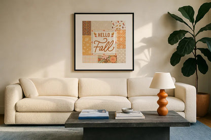 Blooming Autumn II by Laura Marshall. Displayed in a glass frame with matte in a clean modern living room. Available as an archival giclee rolled canvas, fine art paper, or poster print. SKU 93728a.