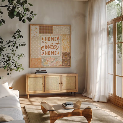 Blooming Autumn III by Laura Marshall. Shown in a natural wood frame in a cozy modern living room. Available as an archival giclee rolled canvas, fine art paper, or poster print. SKU 93729a.