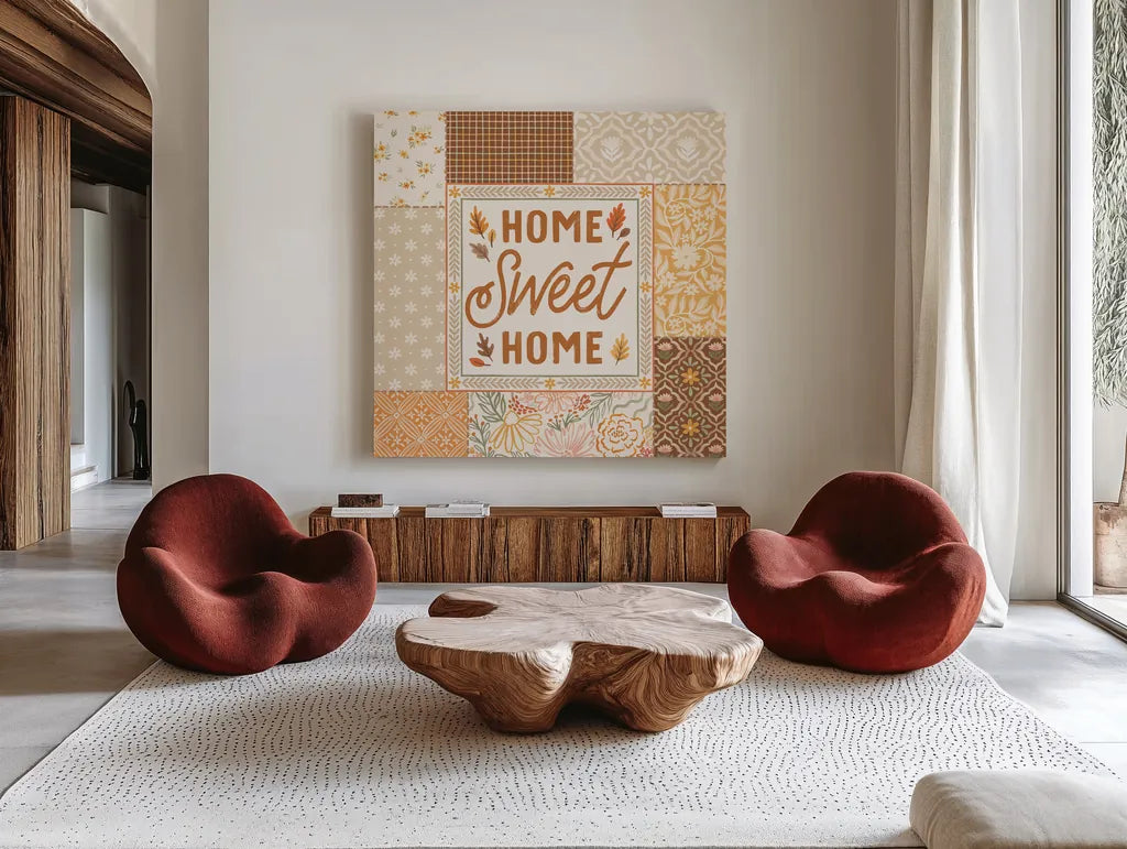 Blooming Autumn III by Laura Marshall. Shown as extra-large giant wall art in a modern living room. Available as an archival giclee rolled canvas, fine art paper, or poster print. SKU 93729a.