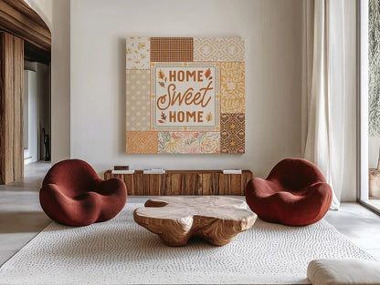 Blooming Autumn III by Laura Marshall. Shown as extra-large giant wall art in a modern living room. Available as an archival giclee rolled canvas, fine art paper, or poster print. SKU 93729a.