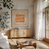 Blooming Autumn VII by Laura Marshall. Shown in a natural wood frame in a cozy modern living room. Available as an archival giclee rolled canvas, fine art paper, or poster print. SKU 93733a.